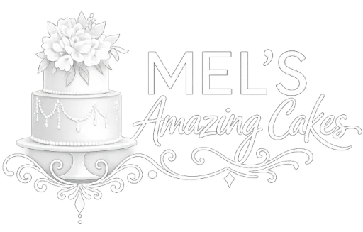 Mel's Amazing Cakes alternate logo in white.
